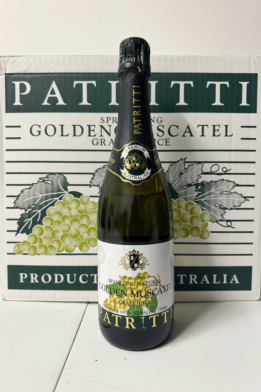 Bottle of Patritti Golden Moscato with a branded box in the background