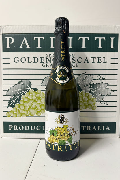 Bottle of Patritti Golden Moscato with a branded box in the background