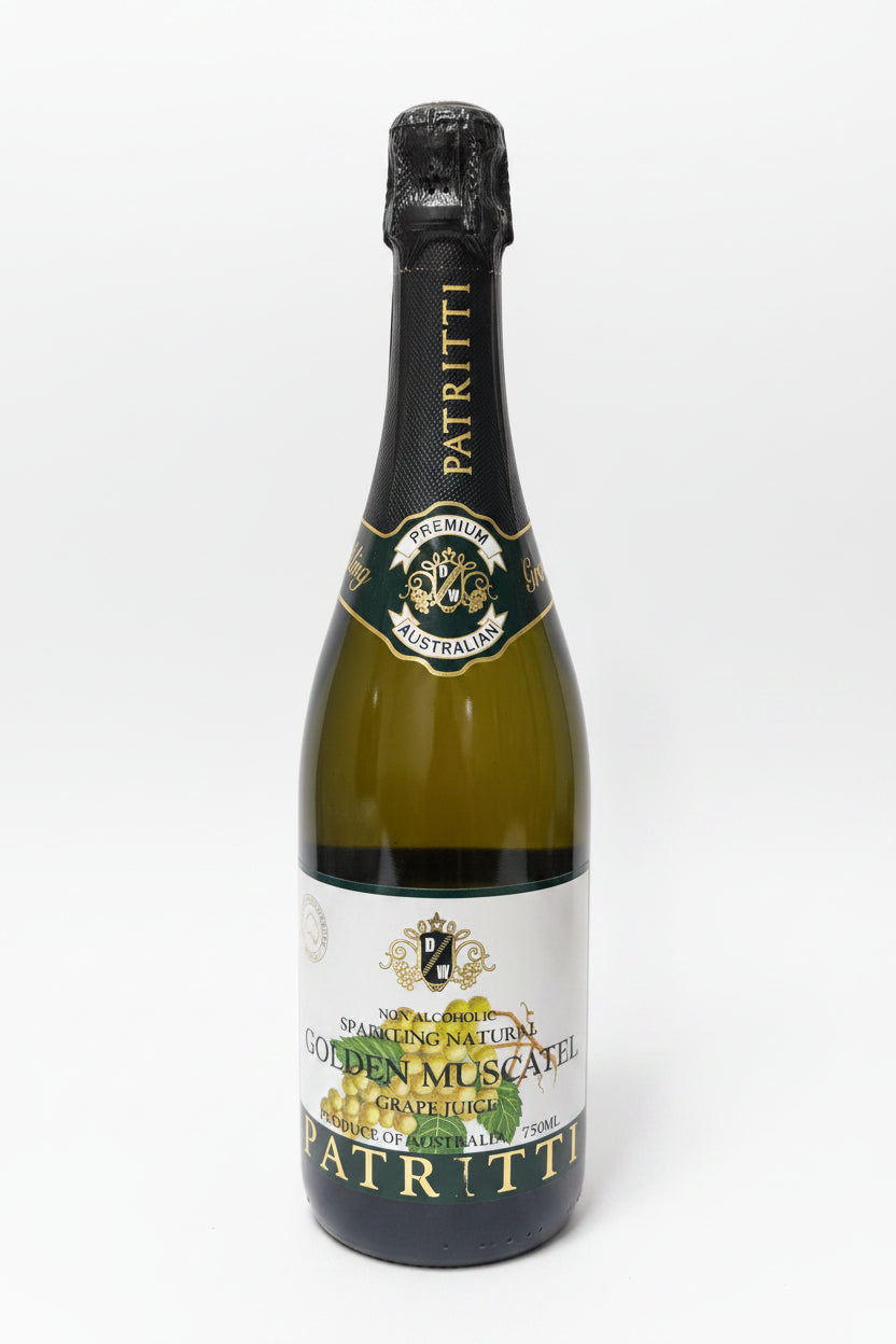 Bottle of Patritti sparkling wine with a black label on a white background