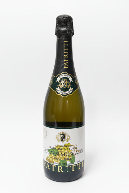 Bottle of Patritti sparkling wine with a black label on a white background