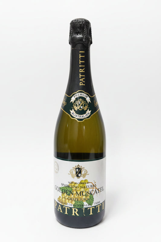 Bottle of Patritti sparkling wine with a black label on a white background